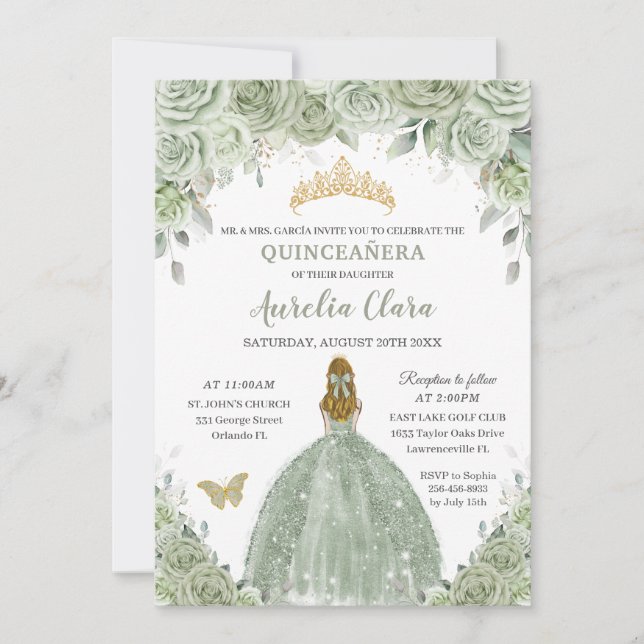 Invitación Rosas florales de Sage Green Blonde Chica Quinceañ (Anverso)