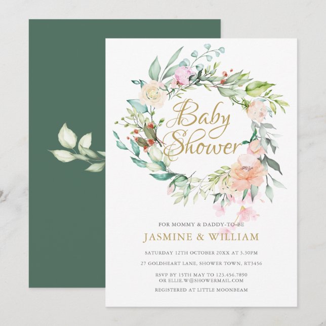 Invitación Rosas Florales de Woodland Parejas Baby Shower/Spr (Anverso / Reverso)