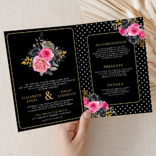 Invitación Rosas florales doradas fucsia Todo en uno Boda neg