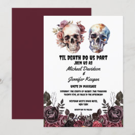 Invitación rosas florales esqueletos boda gótico de halloween