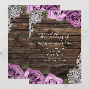 Invitación Rosas Florales Fucsia Boda Rústica de Madera y Enc