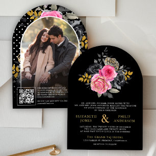 Invitación Rosas Florales Fucsia Código QR Foto Boda Negra