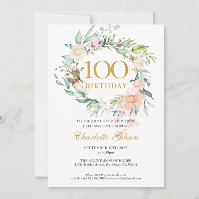 Invitación Rosas florales Garland Monograma 100 cumpleaños (Anverso)