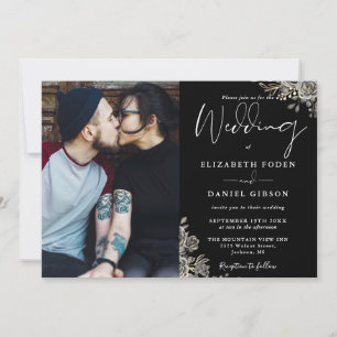 Invitación Rosas Florales Góticas en Blanco y Negro Foto Boda