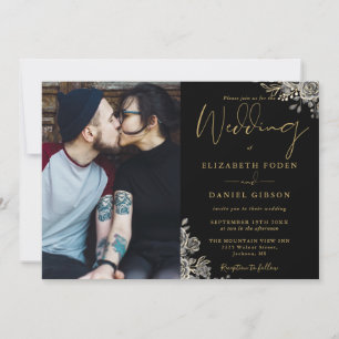 Invitación Rosas Florales Góticas en Negro y Dorado Foto Boda