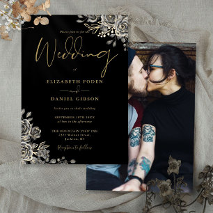 Invitación Rosas florales góticas negras y doradas foto de bo