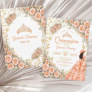 Invitación Rosas Florales Melocotón Dorado Quinceañera Occide