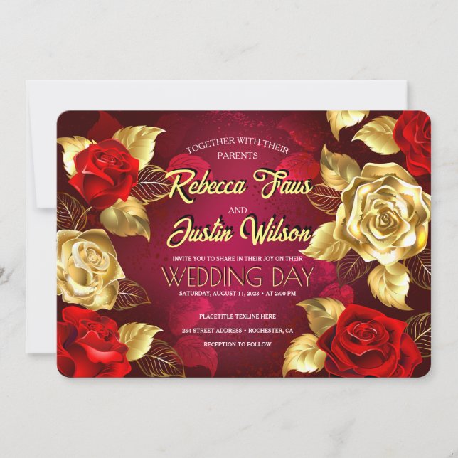 Invitación Rosas Florales Modernas Boho Rojo Dorado (Anverso)