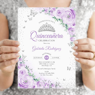 Invitación Rosas Florales Moradas Acuarela Quinceañera