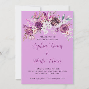 Invitación Rosas Florales Moradas Elegantes Boda Ciruela Púrp