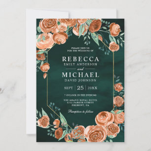 Invitación Rosas Florales Naranja Quemada Terrosa Esmeralda B