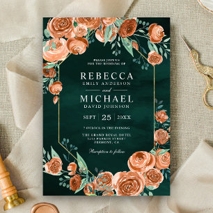 Invitación Rosas Florales Naranja Quemada Terrosa Esmeralda B