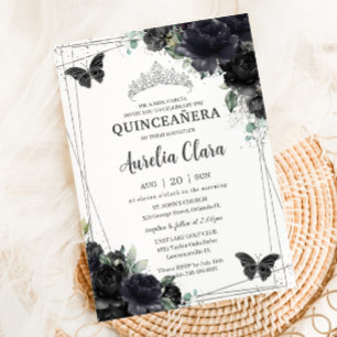 Invitación Rosas florales negras de Quinceañera Princesa Plat
