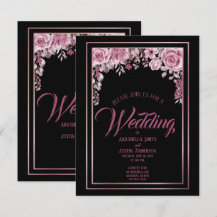 Invitación Rosas florales negras Guión de oro Boda elegante