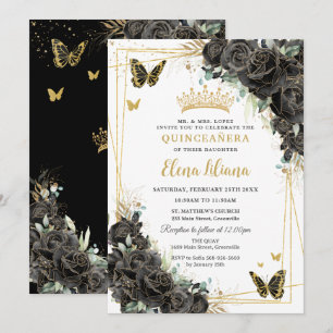 Invitación Rosas Florales Negras Mariposas Doradas Quinceañer