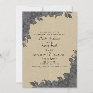 Invitación Rosas Florales Negras Vintage y Boda Kraft