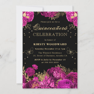 Invitación Rosas Florales Quinceañera Rosa Caliente y Dorado