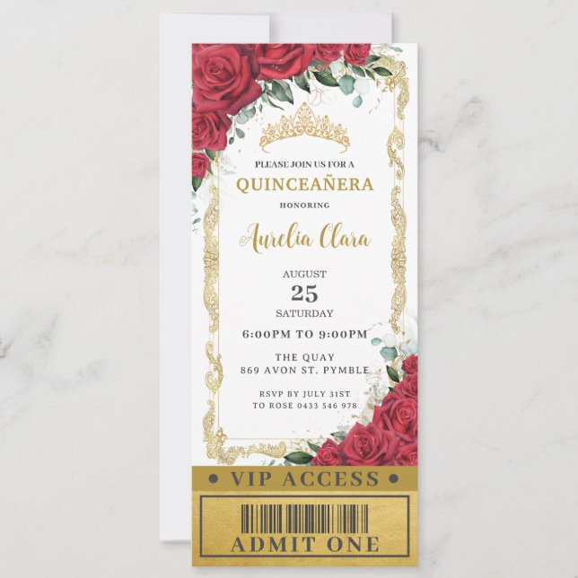 Invitación Rosas Florales Rojas Quinceañera Sweet 16 VIP Tick (Anverso)