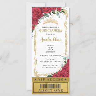 Invitación Rosas Florales Rojas Quinceañera Sweet 16 VIP Tick