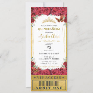 Invitación Rosas Florales Rojas Quinceañera Sweet 16 VIP Tick
