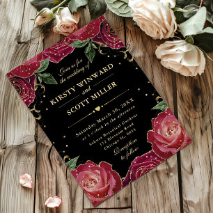 Invitación Rosas Florales Rojas y Doradas Boda