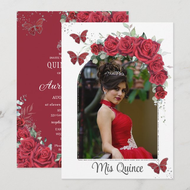 Invitación Rosas florales rojos de Quinceañera Foto (Anverso / Reverso)