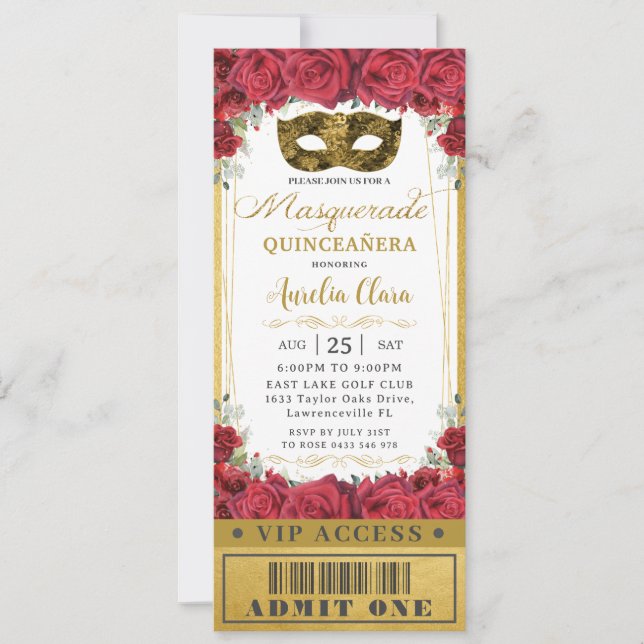 Invitación Rosas florales rojos Quinceañera Masquerade Ticket (Anverso)