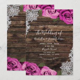 Invitación Rosas Florales Rosa Caliente Madera Rústica y Enca