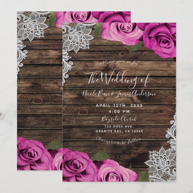 Invitación Rosas Florales Rosa Caliente Madera Rústica y Enca (Anverso / Reverso)