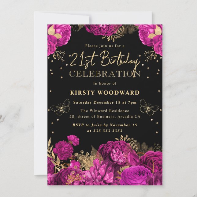 Invitación Rosas Florales Rosa Caliente y Dorado Cumpleaños 2 (Anverso)