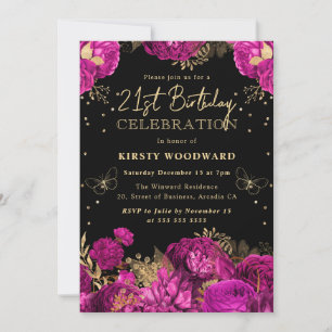 Invitación Rosas Florales Rosa Caliente y Dorado Cumpleaños 2