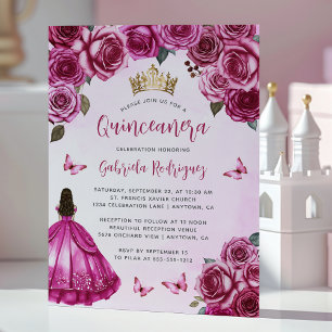 Invitación Rosas Florales Rosa Fucsia Quinceañera Acuarela