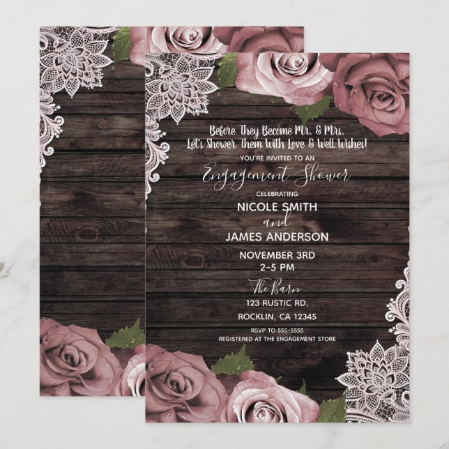 Invitación Rosas Florales Rosa Polvo Rustico Madera Compromis (Anverso / Reverso)