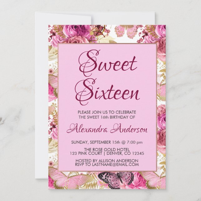 Invitación Rosas Florales Rosa Rubor Dulce Dieciséis Monogram (Anverso)