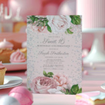 Rosas florales rosadas brillo de plata Sweet 16