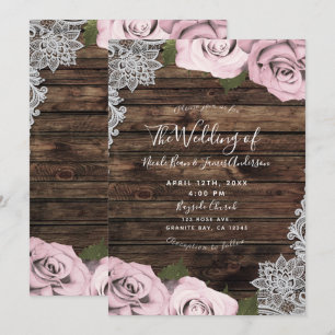 Invitación Rosas Florales Rosadas con Encaje de Madera Rústic