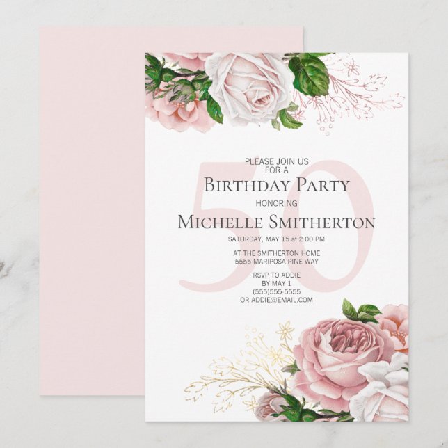 Invitación Rosas Florales Rosadas de Cumpleaños 50 (Anverso / Reverso)