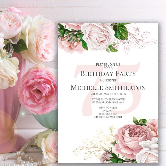 Invitación Rosas florales rosadas desvanecidas Cumpleaños 75  (Elegant pink vintage roses 75th birthday party invitation for women)