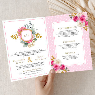 Invitación Rosas florales rosadas fucsia todo en un crest de 