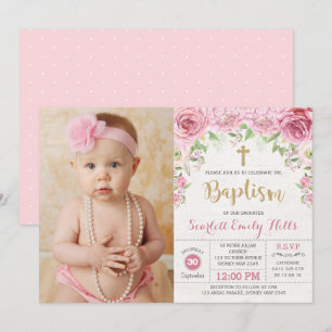 Invitación Rosas florales rosados Chica Bautismo Foto