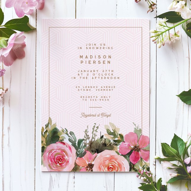 Invitación Rosas florales rosados de oro moderno ducha de nov (Subido por el creador)