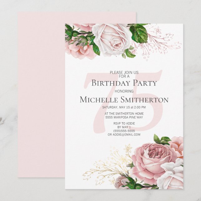 Invitación Rosas florales rosados de Rubor 75 cumpleaños blan (Anverso / Reverso)