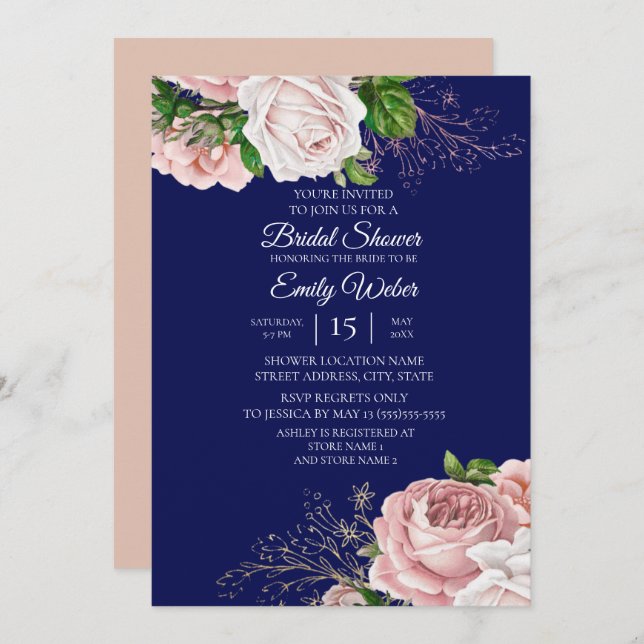 Invitación Rosas florales rosados de Rubor con ducha azul de  (Anverso / Reverso)