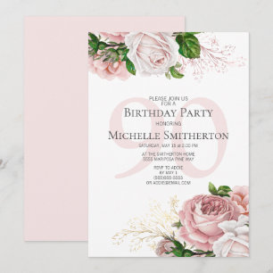 Invitación Rosas florales rosados de Rubor White 90 cumpleaño