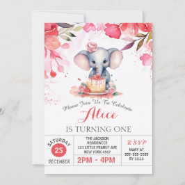 Invitación Rosas florales rosados Elephant Birday Party