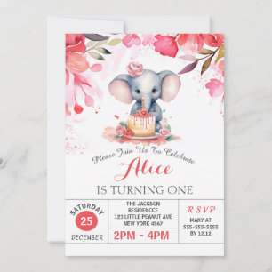 Invitación Rosas florales rosados Elephant Birday Party