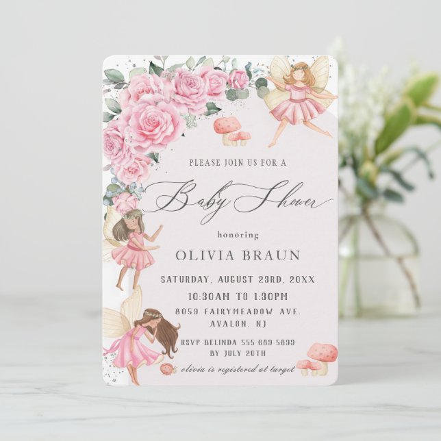 Invitación Rosas florales rosados Fairies Arch Baby Shower (Anverso de pie)