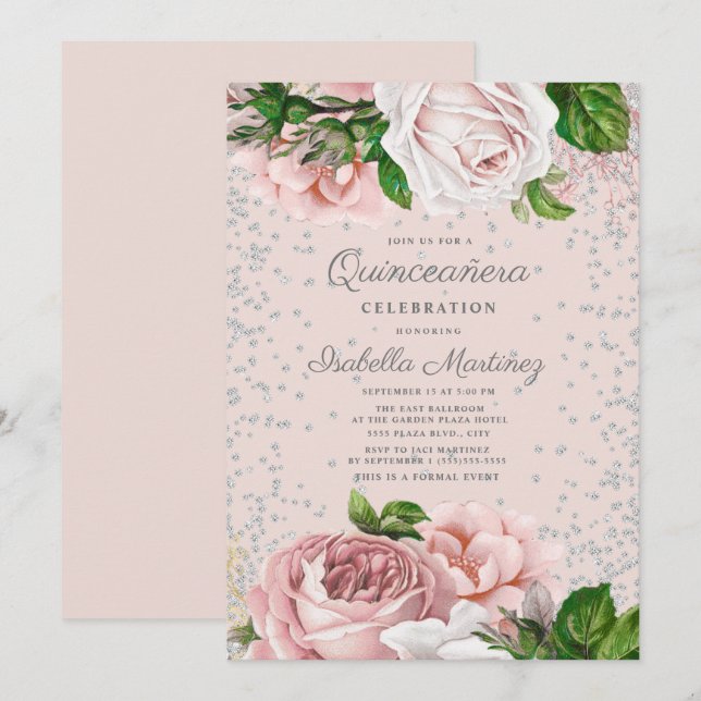 Invitación Rosas florales rosados Purpurina de plata Quinceañ (Anverso / Reverso)