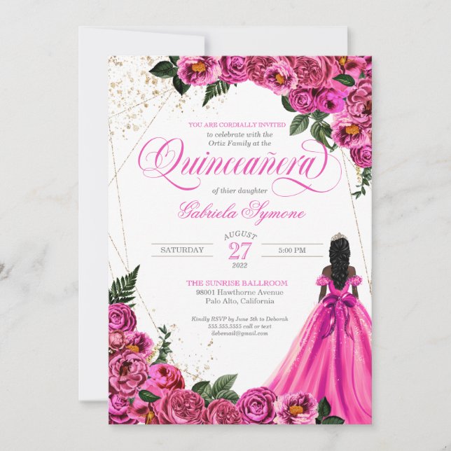 Invitación Rosas florales rosados y elegante traje de oro Qui (Anverso)