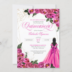 Invitación Rosas florales rosados y elegante traje de oro Qui
